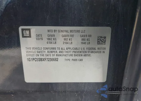 2015 Chevrolet Cruze 1Lt Auto z USA, uszkodzony, nr VIN 1G1PC5SBXF7236682